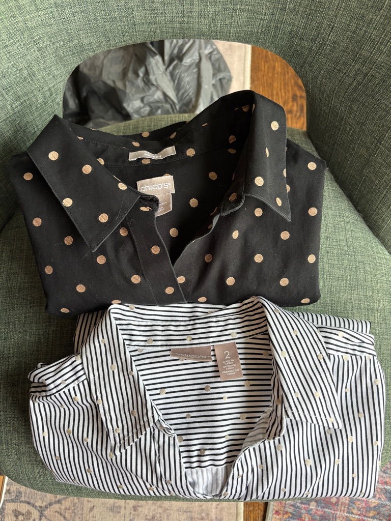 Chico's Set Of 2 Women’s Polka Dot Button-Up Shirt Size 12/14 Classic Work Guc